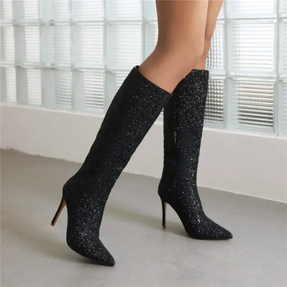 Glitzer Stiefel Kniehoch mit Stilettoabsatz und Spitze Damen