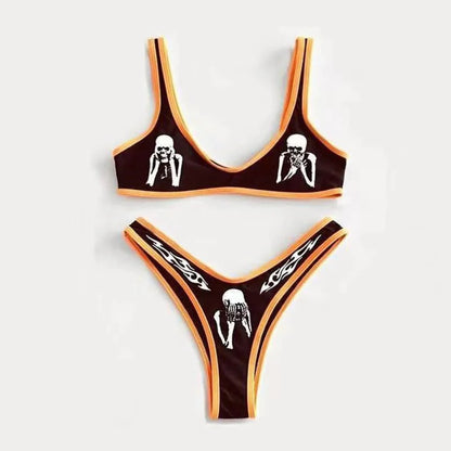 Gothic Badeanzug Frauen Totenkopf Druck Bikini Set Schwarz