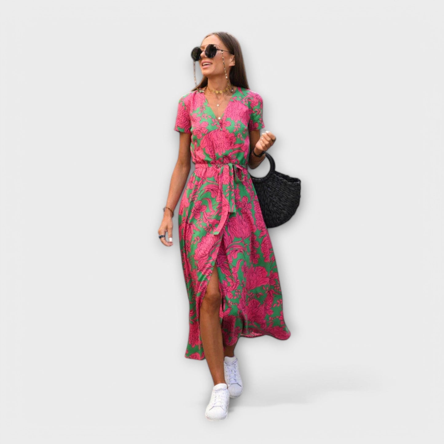 Damen Langkleid V-Ausschnitt Gürtel Lässig Elegant