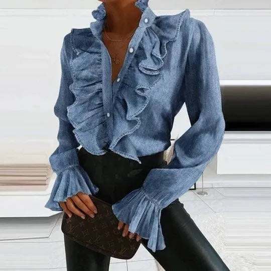 Frauenbluse Rüschen Langarm Elegante Bluse - BerlinGlamour