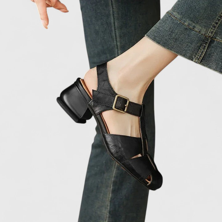 Damen Sandalen Peeptoe Blockabsatz Vintage Stil