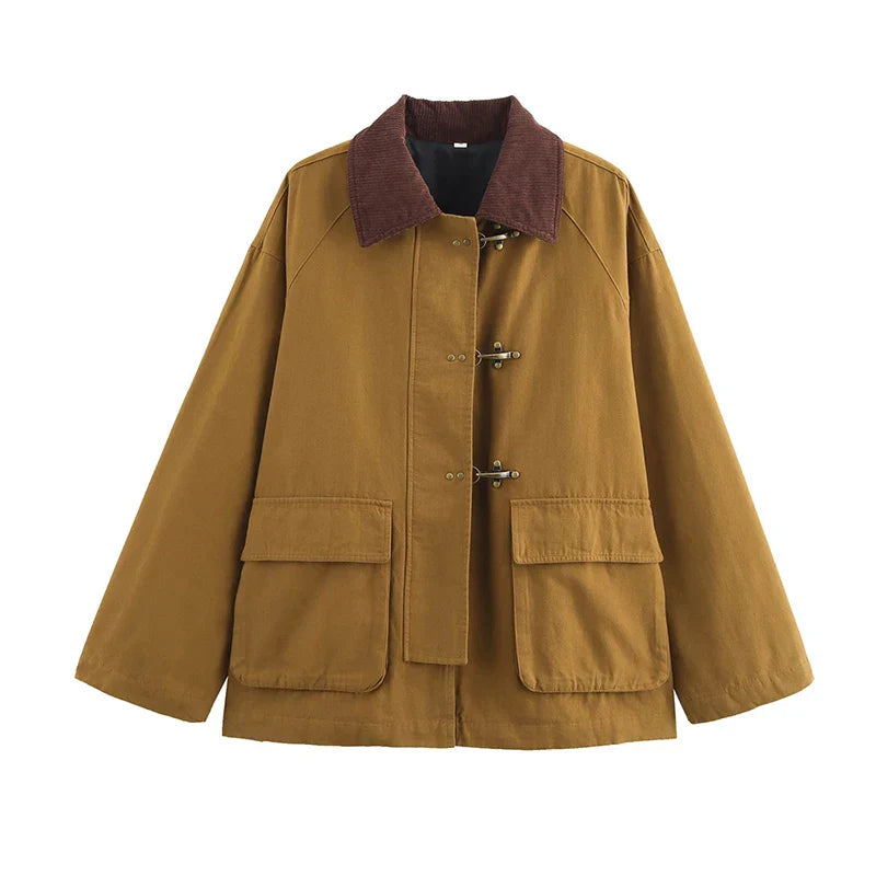 Damen Workwear Jacke Braun Cordkragen Schnürenverschluss - BerlinGlamour