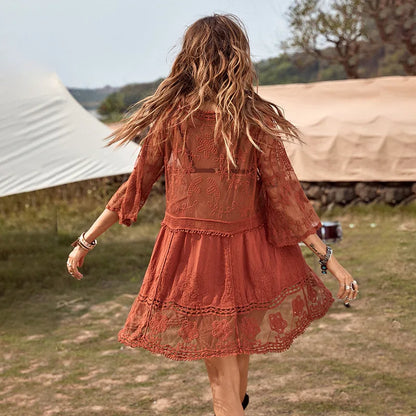 Häkelkleid Strandtunika V-Ausschnitt Sommer