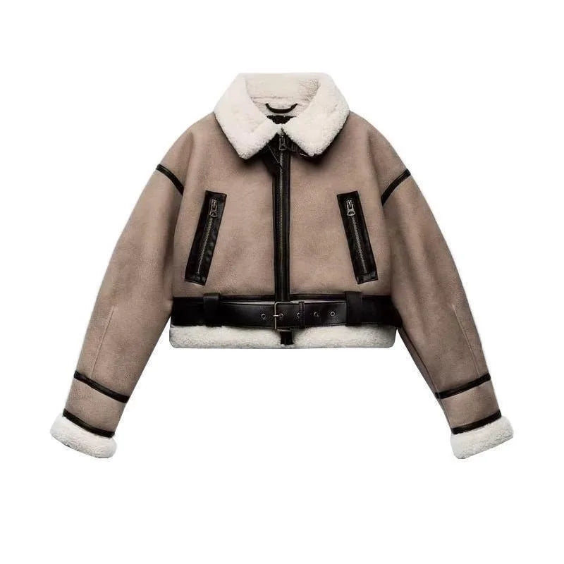Damen Shearling Jacke mit Gürtel von Lunithra