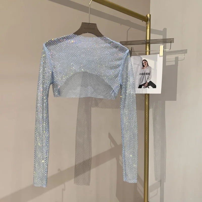 Glitzerndes Langarm Netztop Diamantoptik Elegant