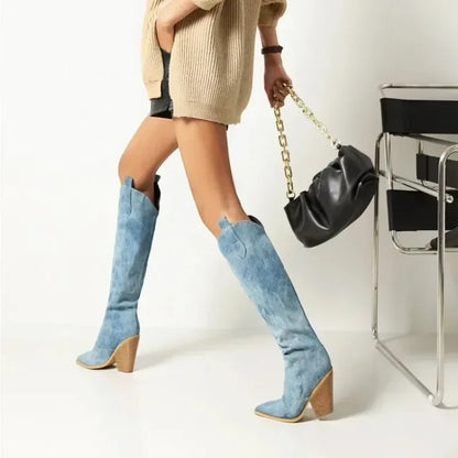 Hohe Denim Stiefel Knielang Damen Schuhe