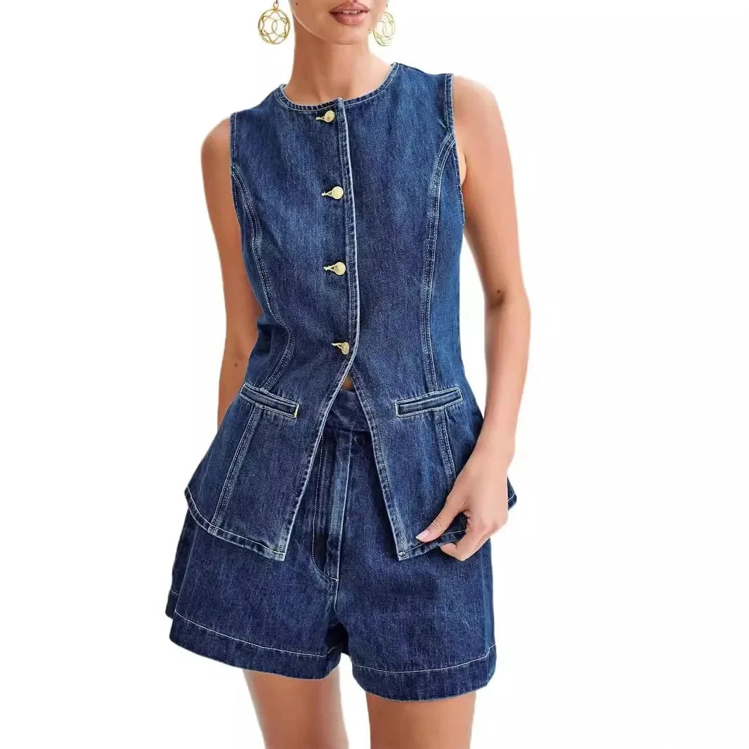 Denim Zweiteiler Set mit Weste und Shorts Sommer