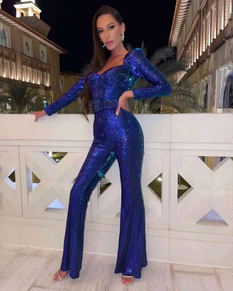Glitzer Jumpsuit Langarm Pailletten Abendkleid