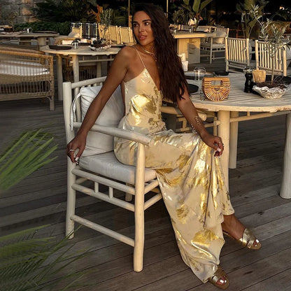 Goldenes Abendkleid Damen Spaghettiträger Elegant