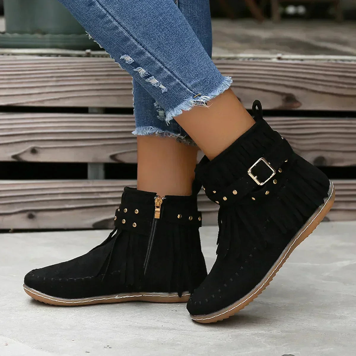 Stiefel Ankle Boots Nieten Fransen Schuhe Damen