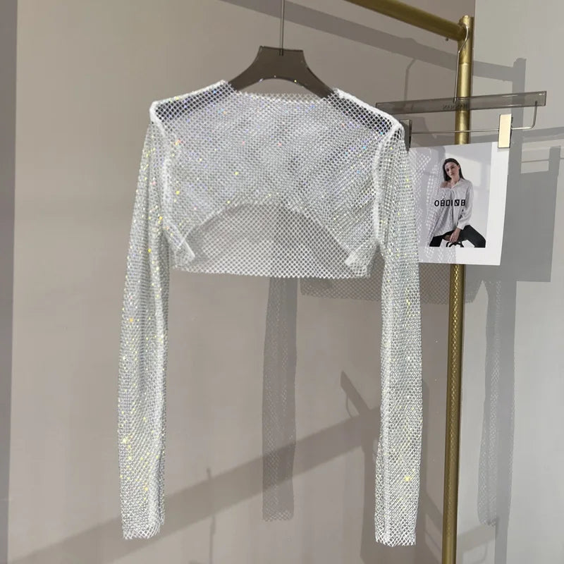 Glitzerndes Langarm Netztop Diamantoptik Elegant