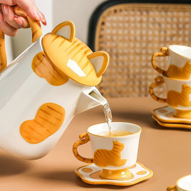Handgefertigtes Keramik Kaffee- und Teeset Orange Katze Dekor