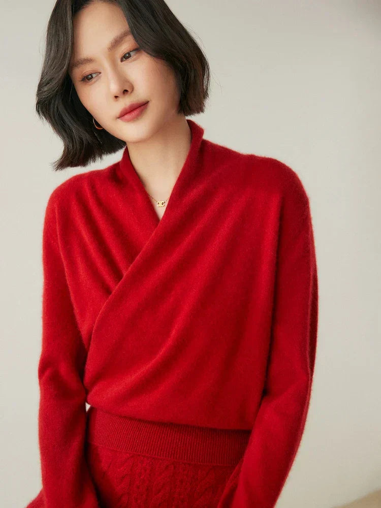 Damen Wickelpullover Elegantes Überkreuzdesign Modern