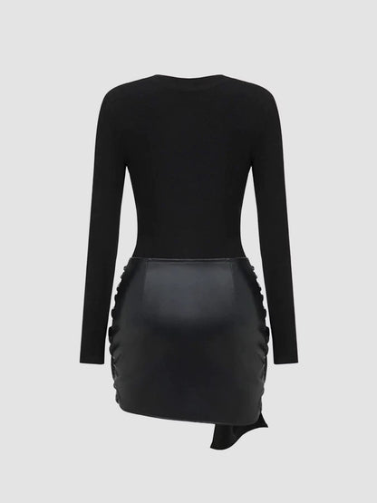 Schwarz Damenkleid mit langen Ärmeln und Lederoptik