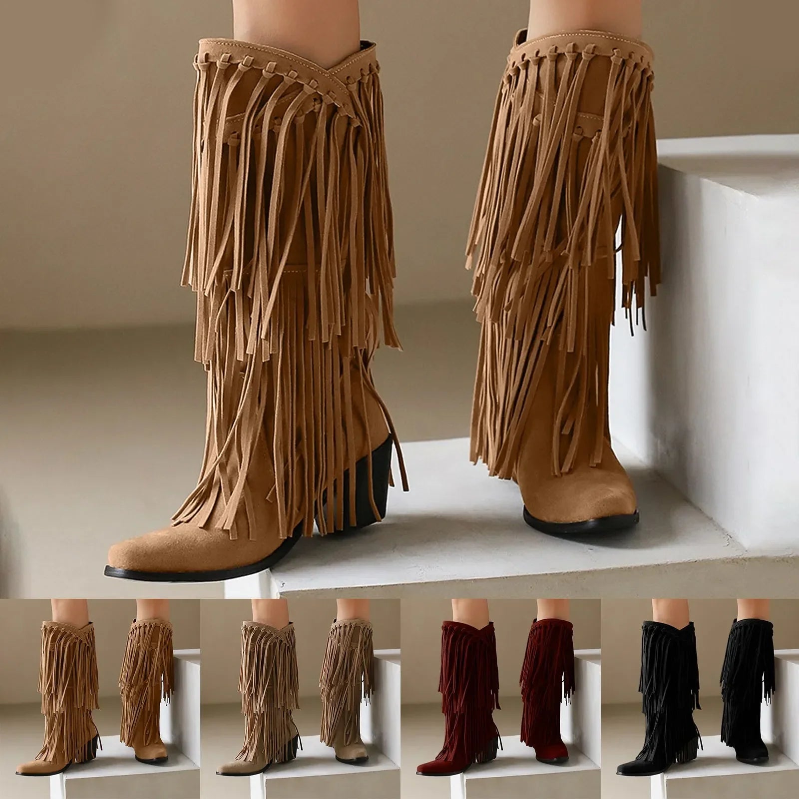 Hohe Damenstiefel Fransen Boots Blockabsatz Schwarz - BerlinGlamour