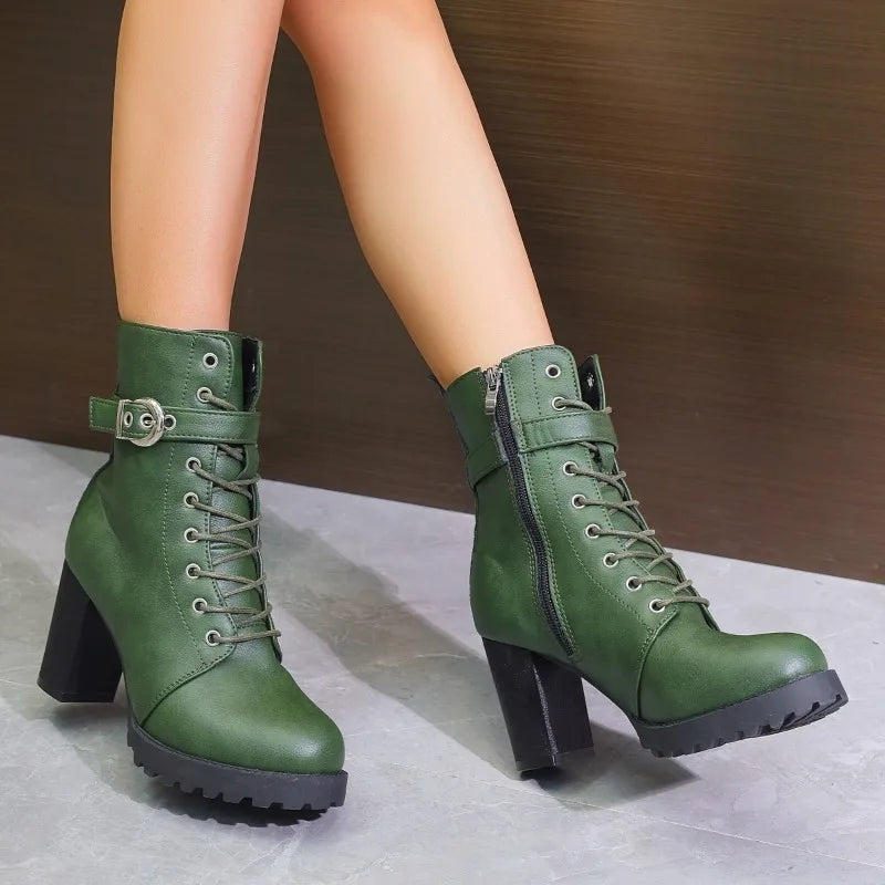 Damen Stiefeletten Schnürstiefeletten mit Schnalle Schwarz - BerlinGlamour