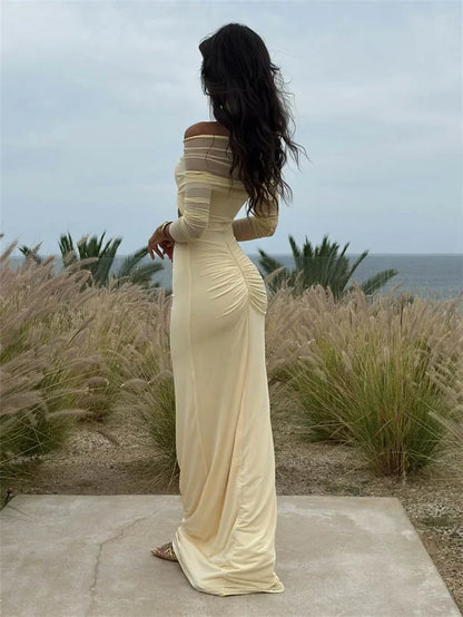Damen Maxikleid Langärmelig Cut-Out Schulterfrei