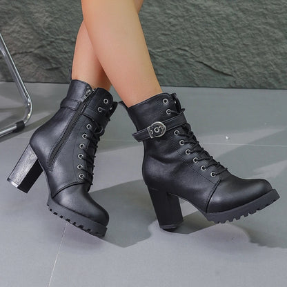 Damen Stiefeletten Schnürstiefeletten mit Schnalle Schwarz