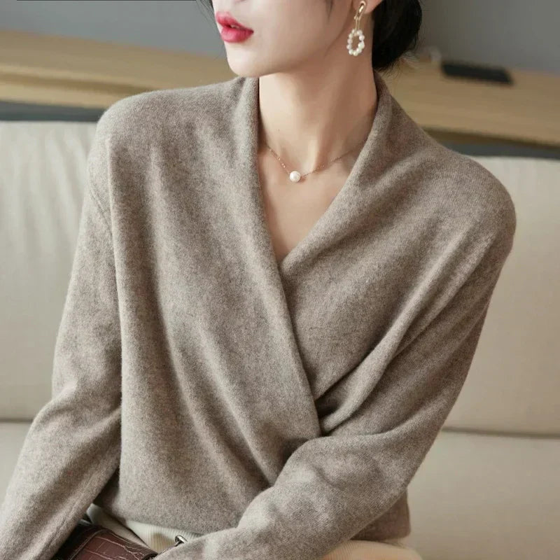 Damen Wickelpullover V-Ausschnitt Weich Warm Winter