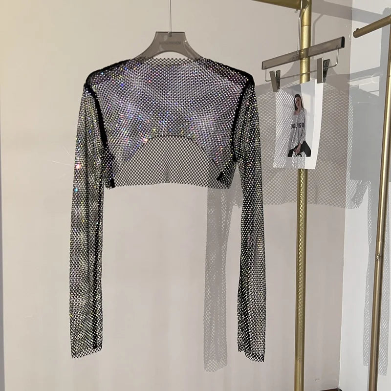 Glitzerndes Langarm Netztop Diamantoptik Elegant