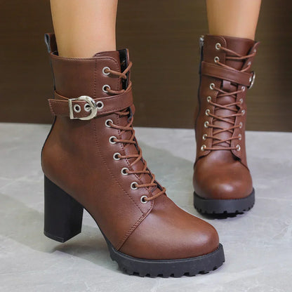 Damen Stiefeletten Schnürstiefeletten mit Schnalle Schwarz