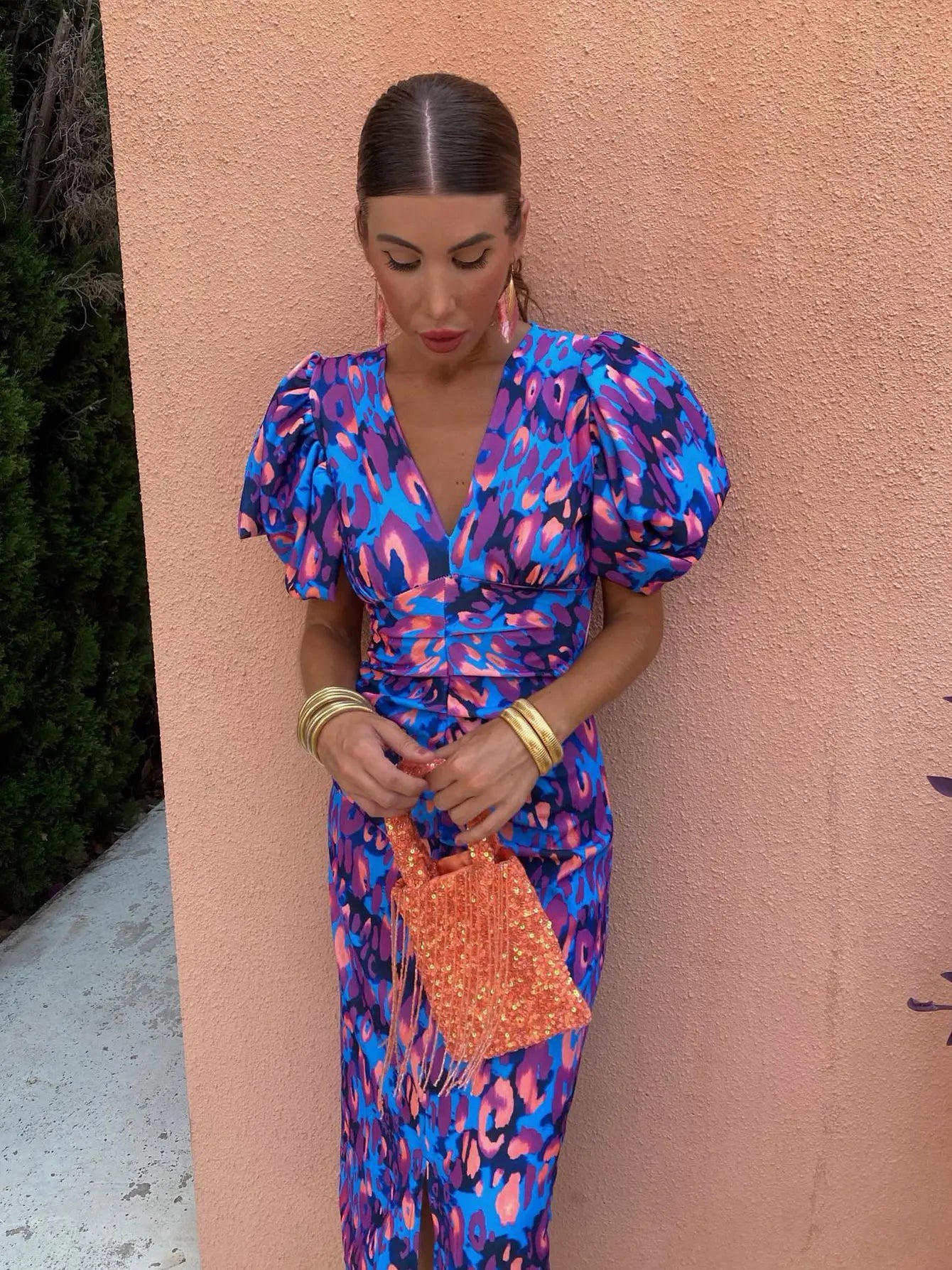 Damen Sommerkleid Bedruckt Puffärmel Midi Lang