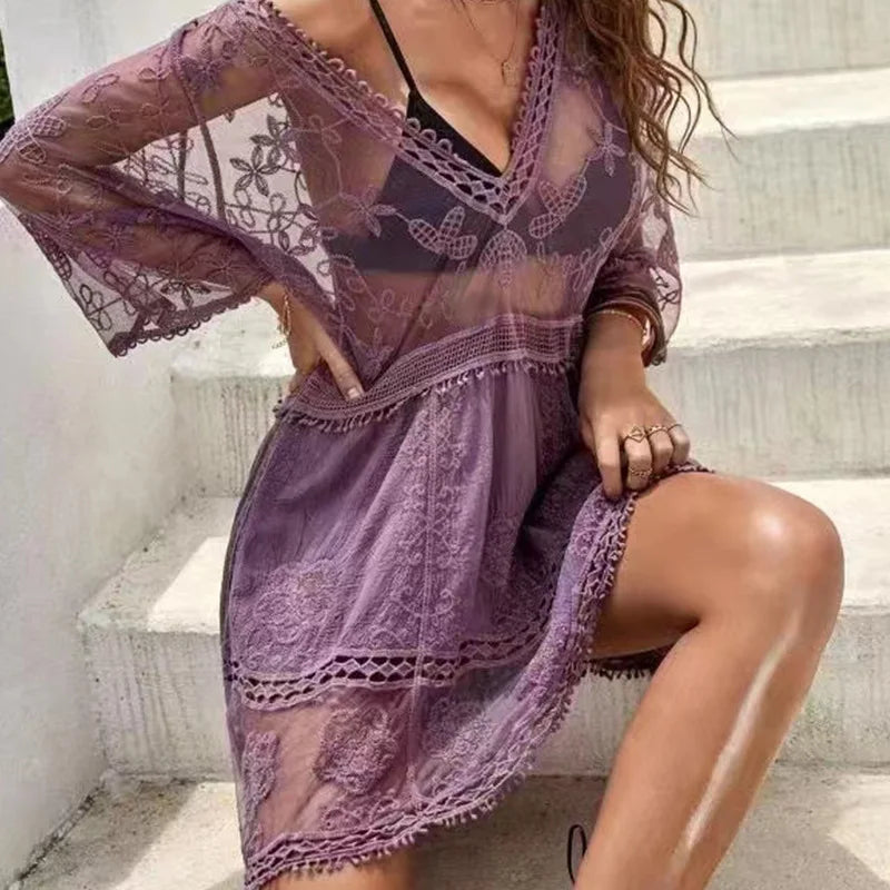 Häkelkleid Strandtunika V-Ausschnitt Sommer
