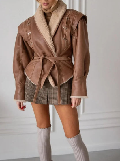 Lederjacke Braun Pelzverbramt Mit Gürtel Damen