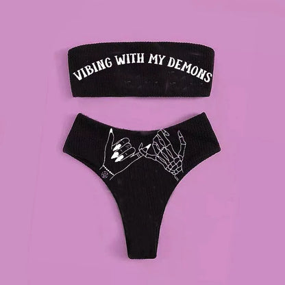 Gothic Badeanzug Frauen Totenkopf Druck Bikini Set Schwarz
