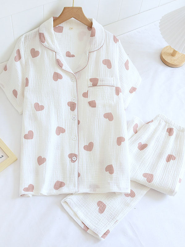 Damen Pyjama-Set Herzmuster Knopfleiste Weich