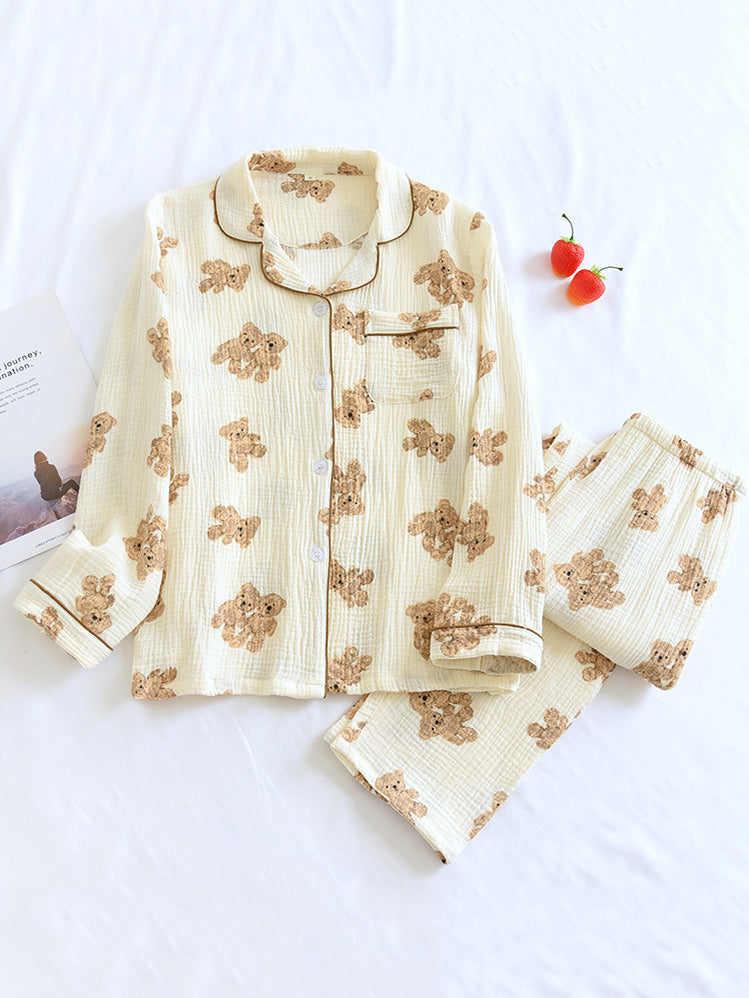 Damen Pyjama-Set mit Knöpfen und Süßem Teddybär-Design - BerlinGlamour