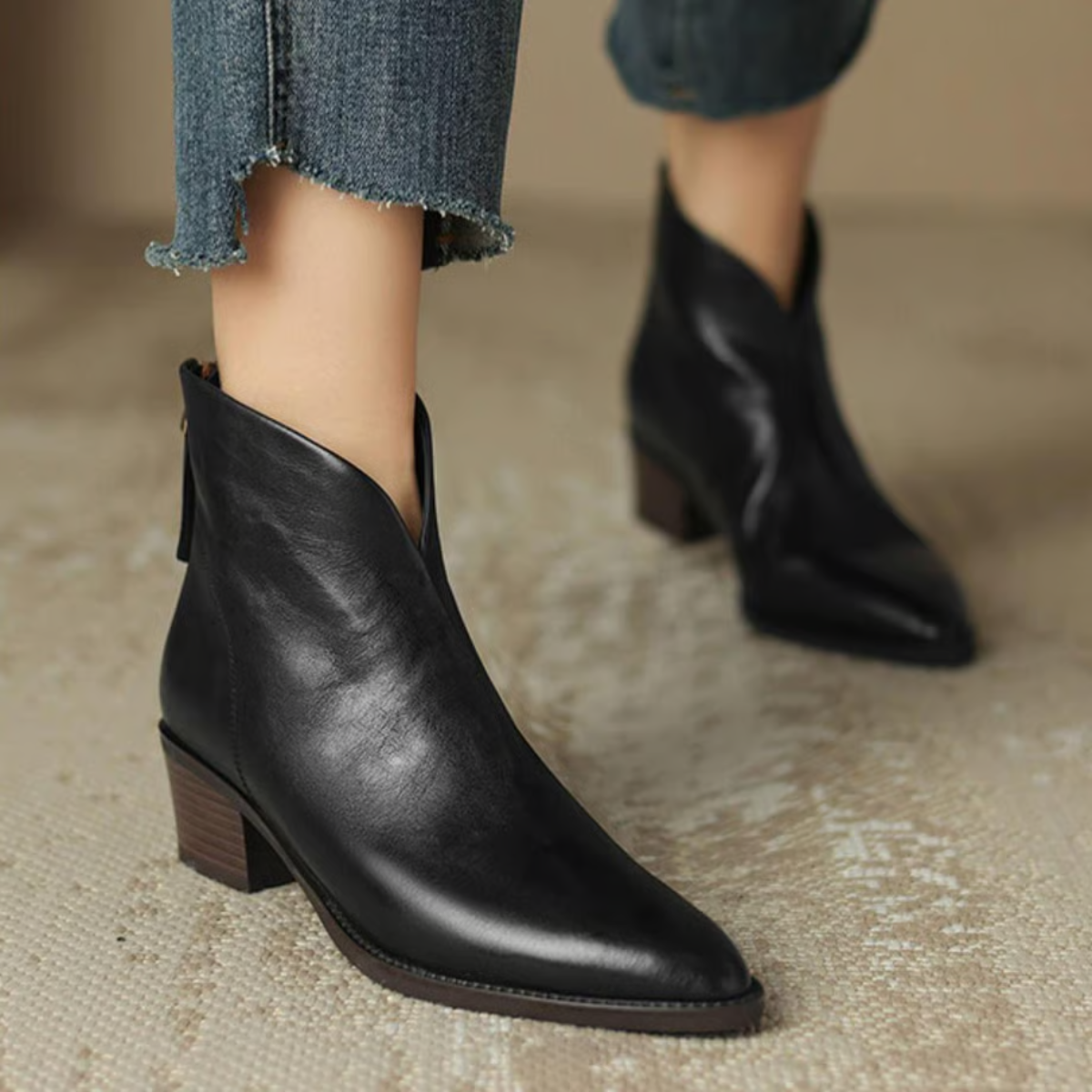 Damen Stiefelette Leder Elegant Blockabsatz Schuhe
