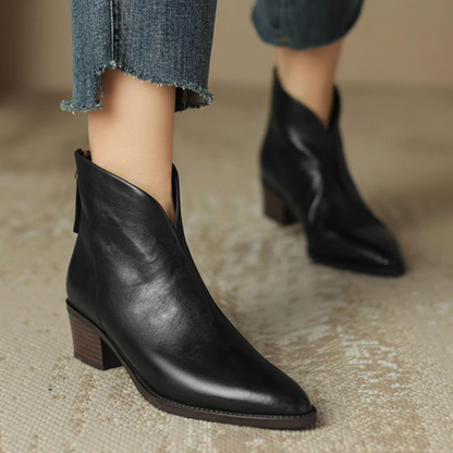 Damen Stiefelette Leder Elegant Blockabsatz Schuhe