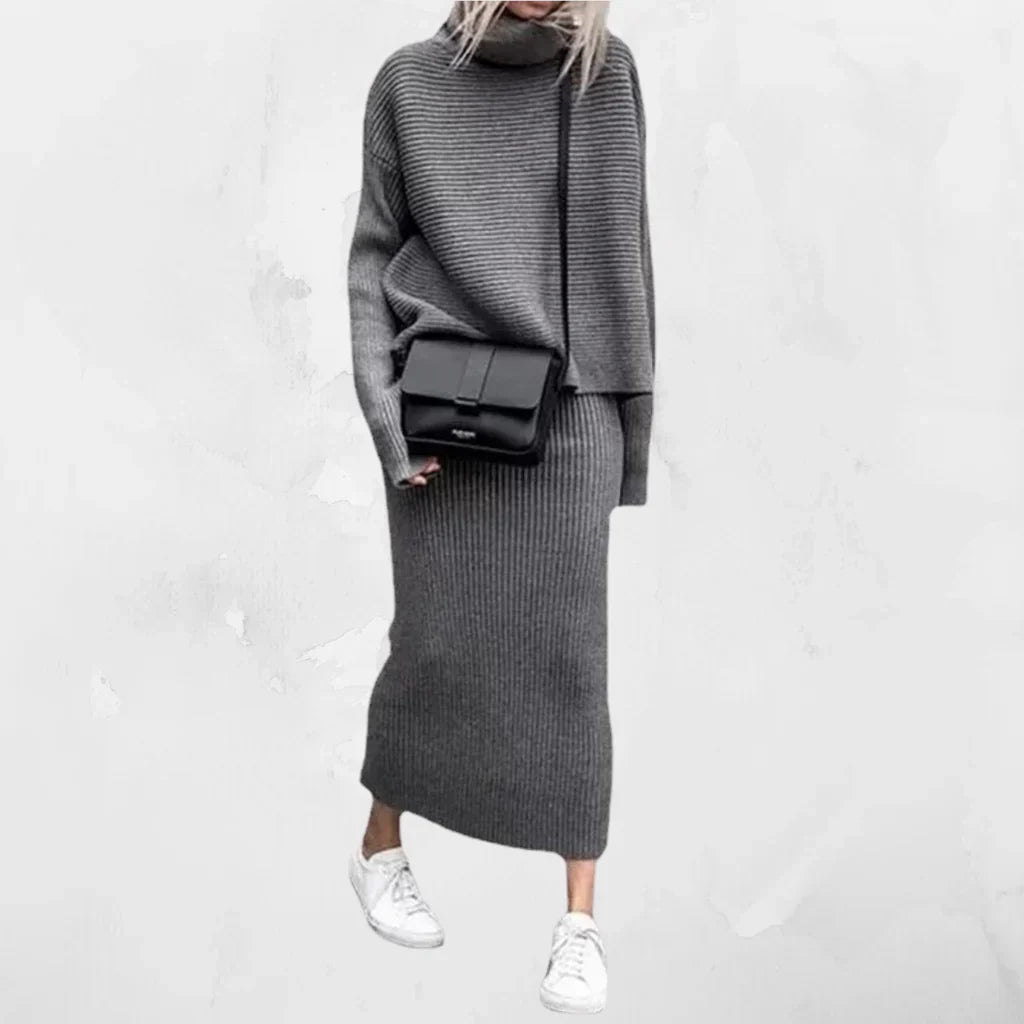 Damen Strickpullover Rollkragen Set mit Rock