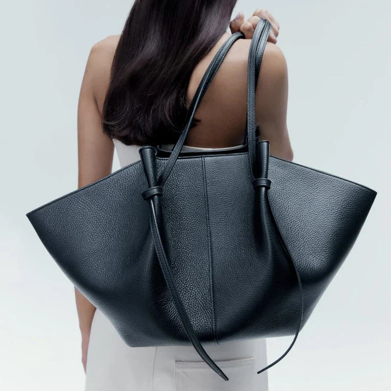 Große Luxus Tote Bag Damen Vegane Ledertasche Langhenkel Schwarz - BerlinGlamour