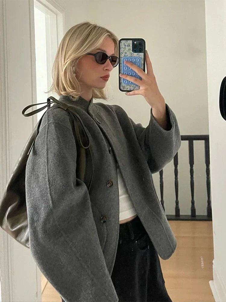 Große Wolljacke Oversized Asymmetrisch Damenjacke