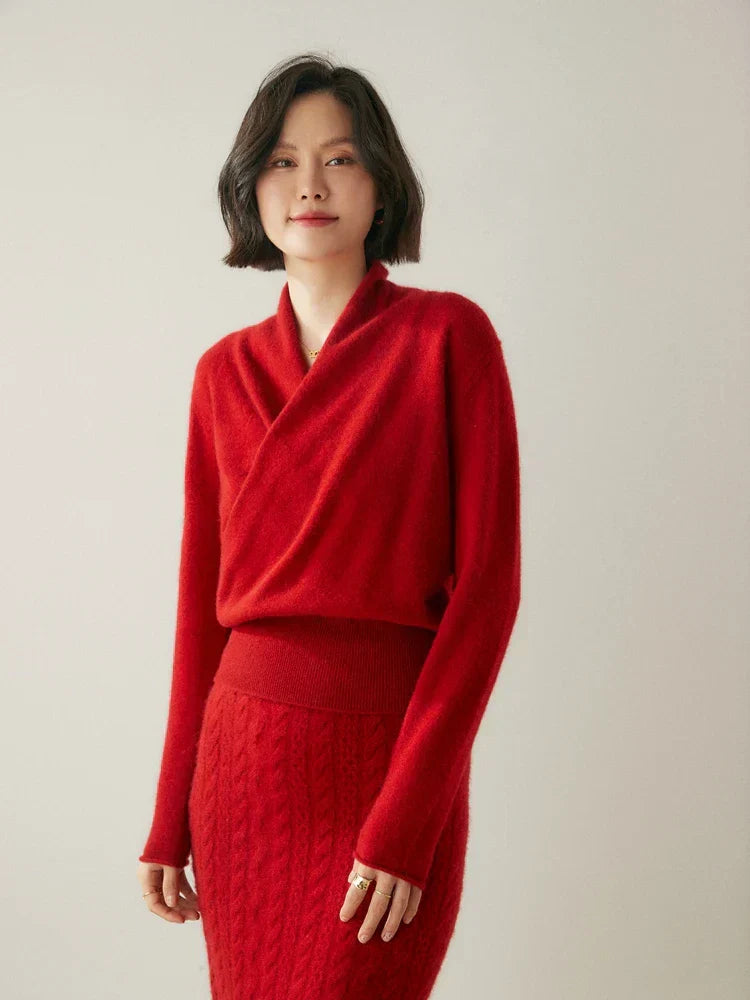Damen Wickelpullover Elegantes Überkreuzdesign Modern