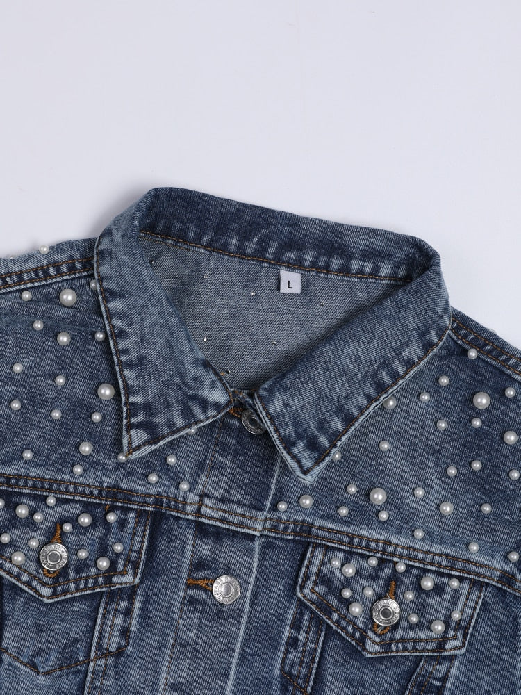 Jeansjacke Damen Exklusiv mit Perlen Verzierung - BerlinGlamour