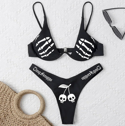 Gothic Badeanzug Frauen Totenkopf Druck Bikini Set Schwarz