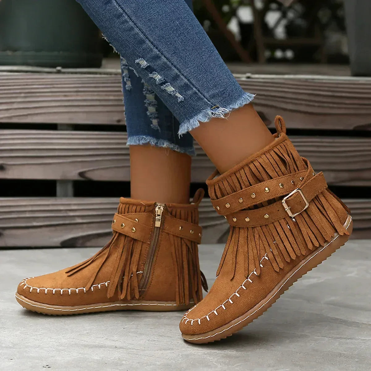 Stiefel Ankle Boots Nieten Fransen Schuhe Damen
