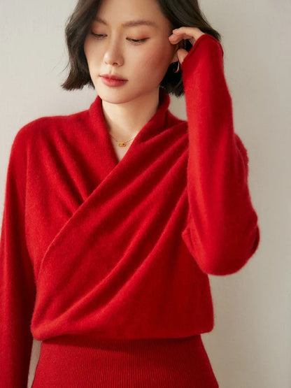 Damen Wickelpullover Elegantes Überkreuzdesign Modern