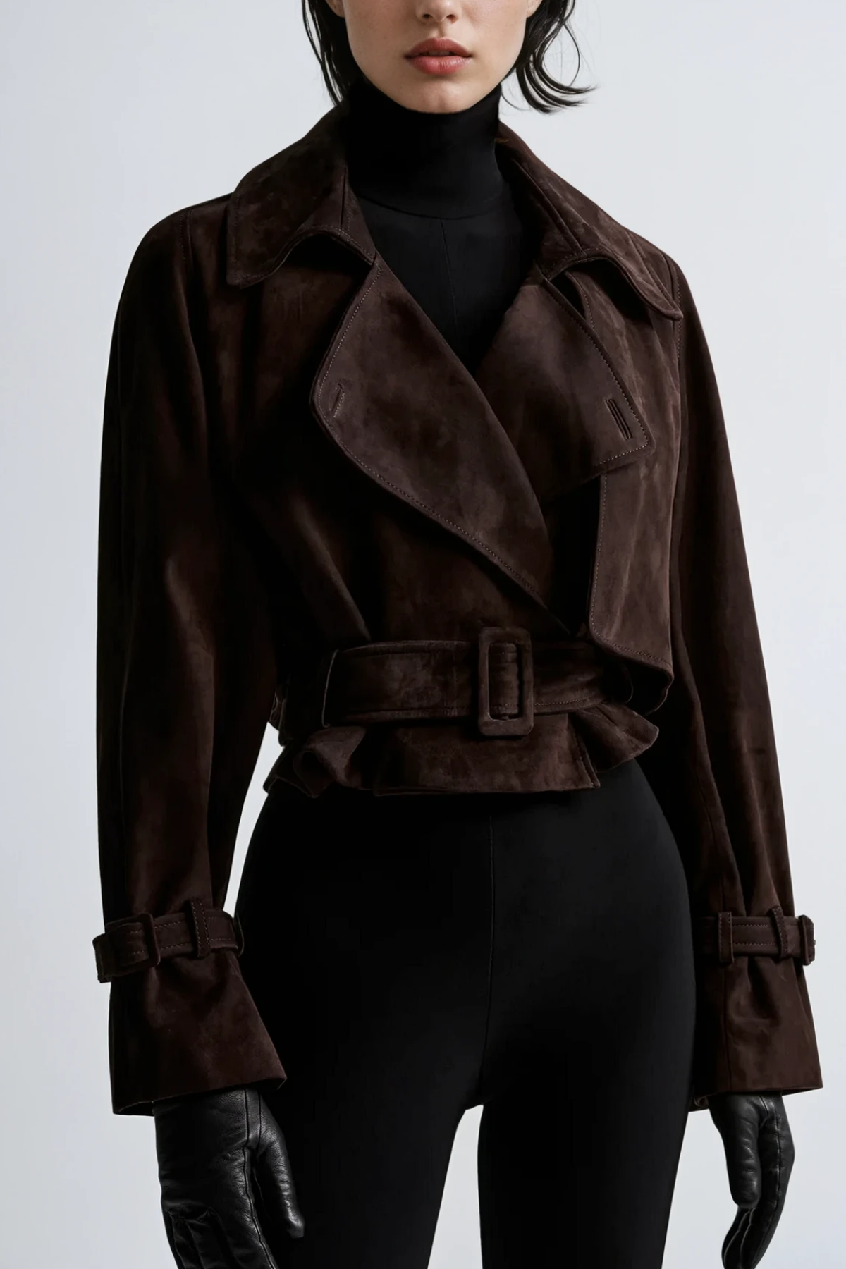 Lederjacke Damen Cropped Suedelook mit Taillengürtel - BerlinGlamour