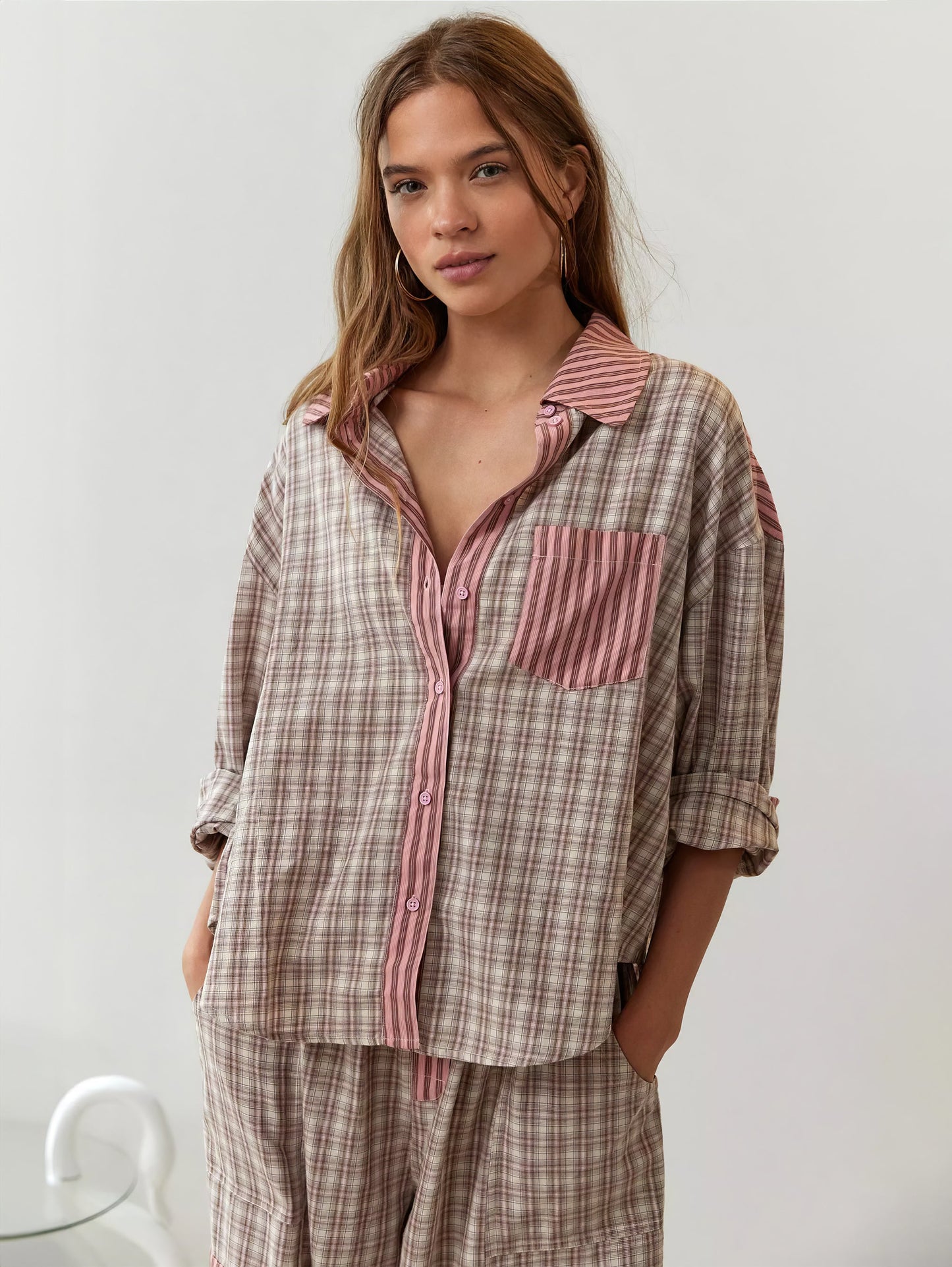 Damen Pyjama Set Gestreift Kariert Nachtwäsche Bluse