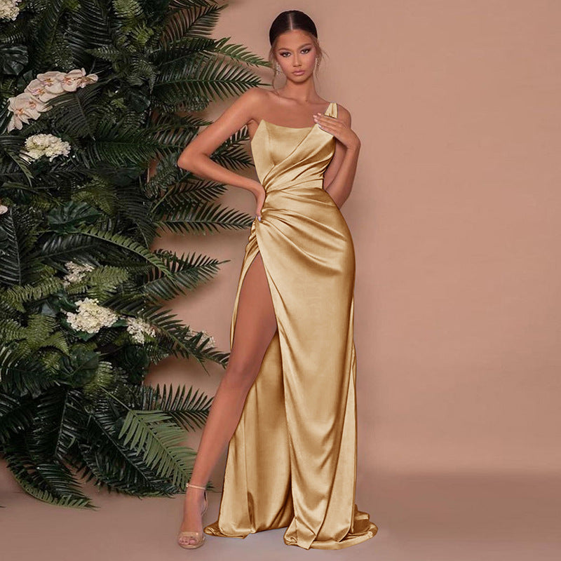 Damen Abendkleid Satin Asymmetrisch Lang - BerlinGlamour