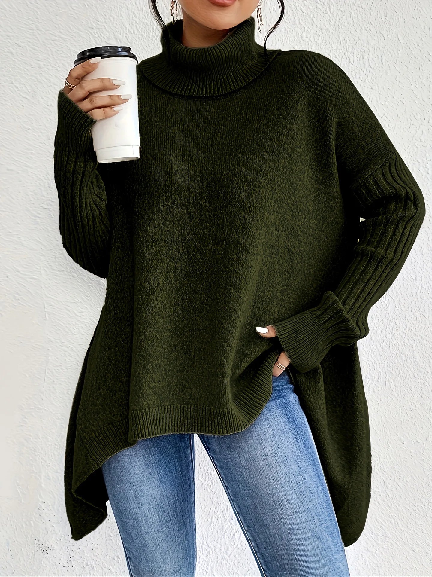 Damen Oversized Pullover Warm Hochkragen Winter