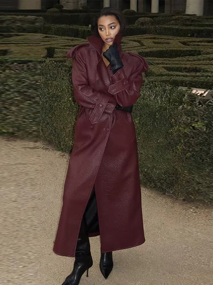 Leder-Trenchcoat Damen Lang Mantel Winter Schwarz