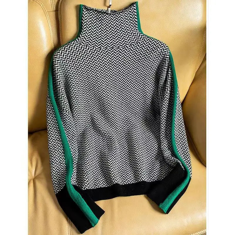 Damen Rollkragenpullover Fischgrat Luxus Warm