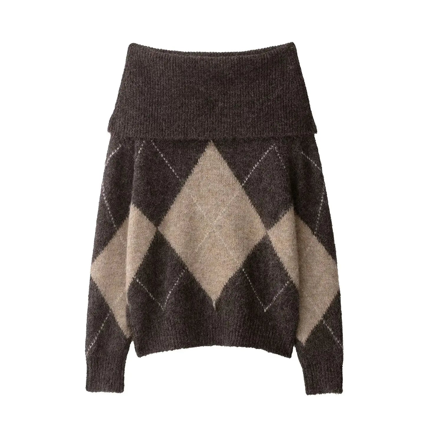Off-Shoulder Strickpullover Argyle Muster Damen - BerlinGlamour
