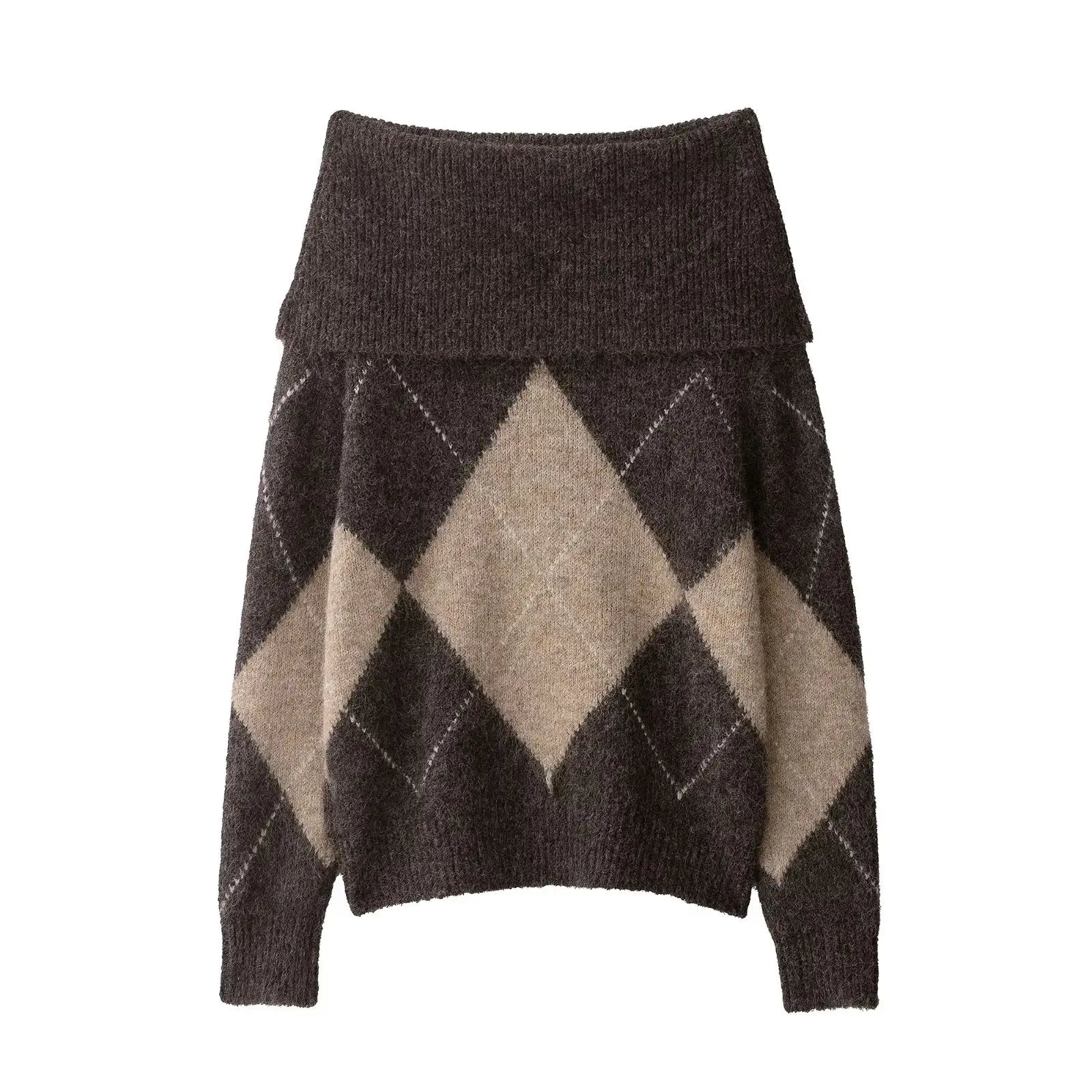 Off-Shoulder Strickpullover Argyle Muster Damen - BerlinGlamour
