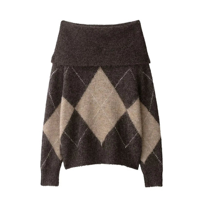 Off-Shoulder Strickpullover Argyle Muster Damen - BerlinGlamour